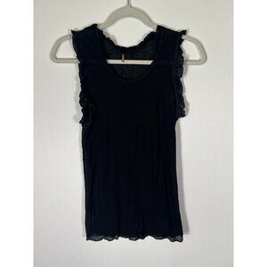 Pointelle ruffle black sleeveless lightweight Coquette tank sz L 90s classic VTG
